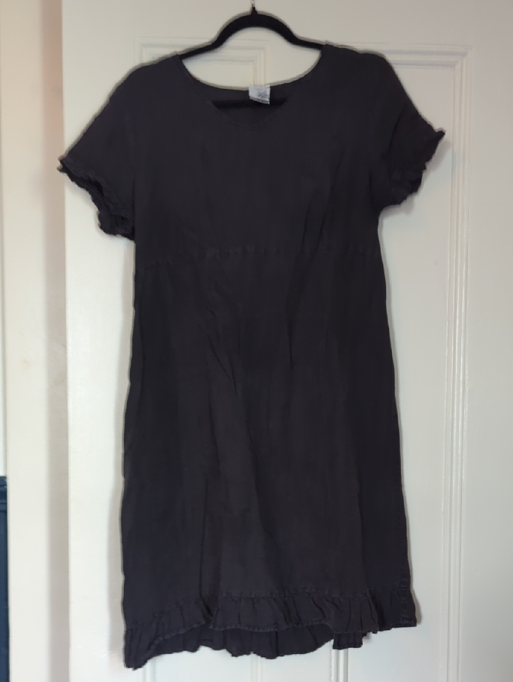 Match Point 100% Linen Black Short Sleeve Ruffle Hem Midi Dress  Sz S